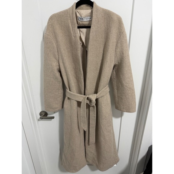 ZARA Beige Shawl‎ Collar Belted Long Coat XS Minimalistic - Picture 3 of 12